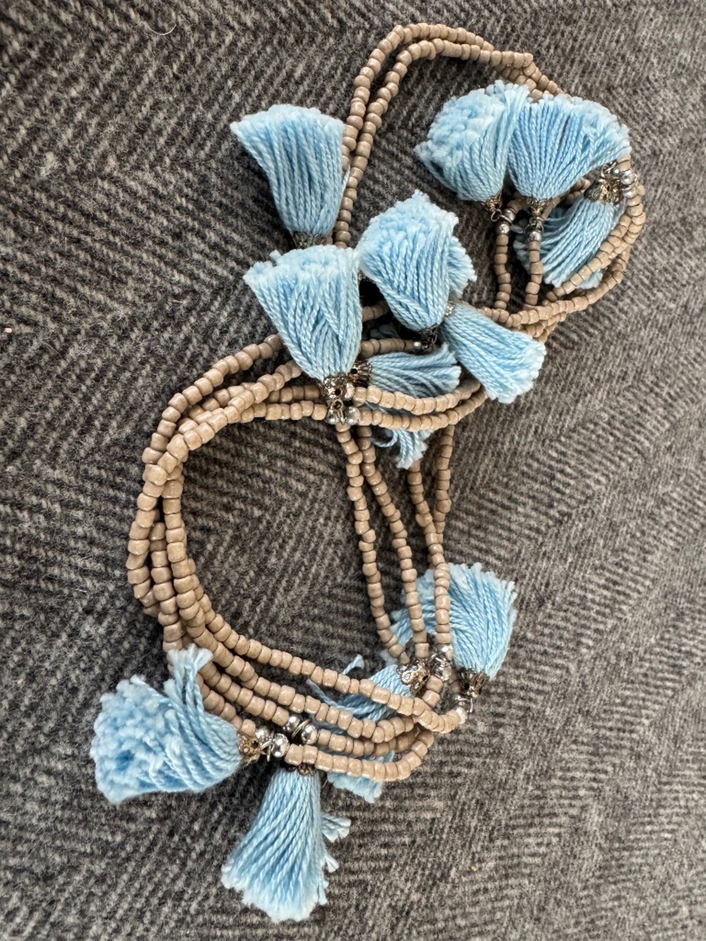 NEW (NWOT) ROBERTA ROLLER RABBIT, BEADED/TASSEL NECKLACE IN PALE BLUE TASSELS